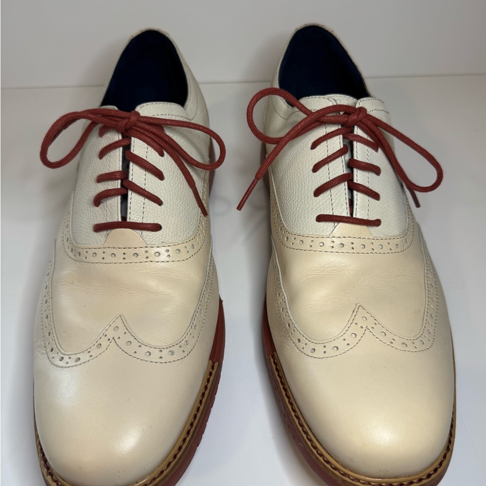 Cole Haan Leather Wingtip Oxfords in Cream with Burgundy Laces Size 13